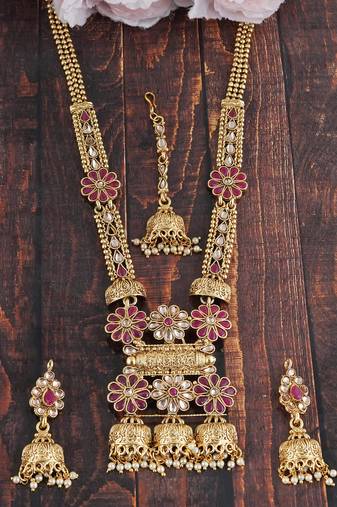 Mansiyaorange matte gold red colour floral motif long rani haar with mangtikka set for women