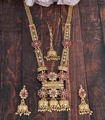 Mansiyaorange matte gold red colour floral motif long rani haar with mangtikka set for women