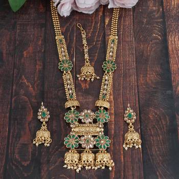 Mansiyaorange matte gold green colour floral motif long rani haar with mangtikka set for women 1