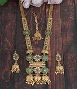 Mansiyaorange matte gold green colour floral motif long rani haar with mangtikka set for women