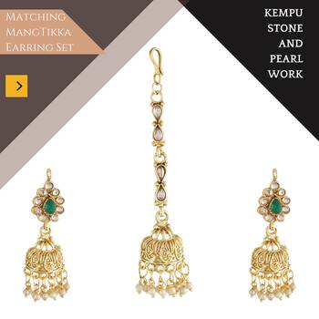 Mansiyaorange matte gold green colour floral motif long rani haar with mangtikka set for women 4