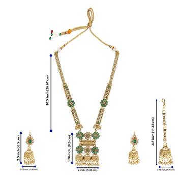 Mansiyaorange matte gold green colour floral motif long rani haar with mangtikka set for women 5