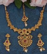 Mansiyaorange matte gold multi colour floral theme choker set  with mangtikka for women