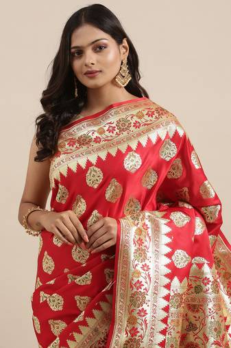 Red woven tissue saree with blouse