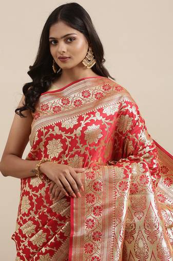 Red woven tissue saree with blouse