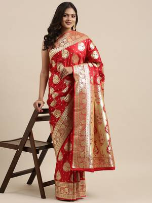 Red woven tissue saree with blouse 3