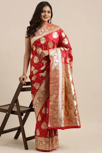 Red woven tissue saree with blouse