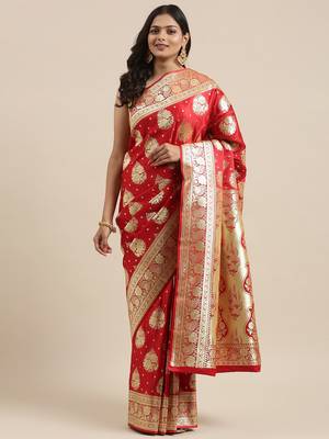Red woven tissue saree with blouse 4