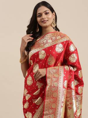 Red woven tissue saree with blouse 1