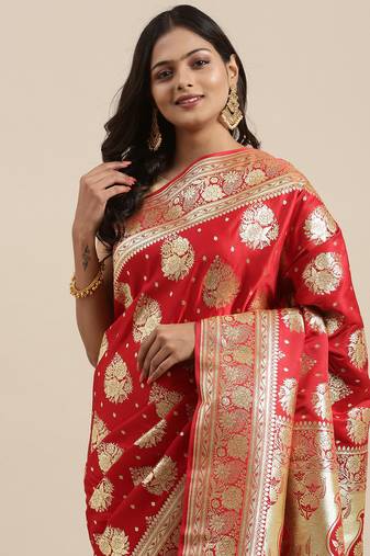 Red woven tissue saree with blouse