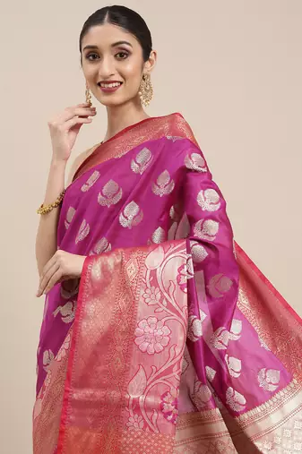 Magenta woven art silk saree with blouse