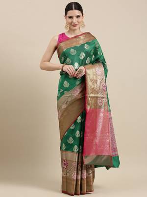 Green woven art silk saree with blouse 3