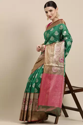 Green woven art silk saree with blouse