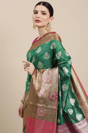 Green woven art silk saree with blouse