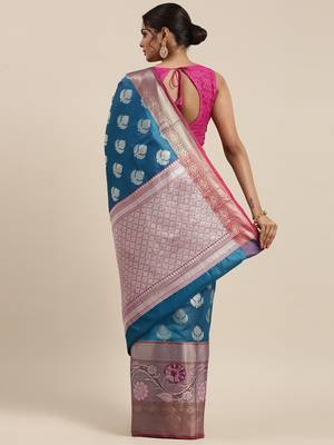 Blue woven art silk saree with blouse 2