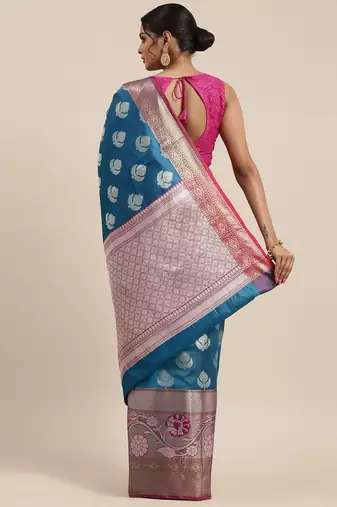Blue woven art silk saree with blouse