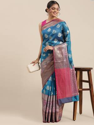 Blue woven art silk saree with blouse 3