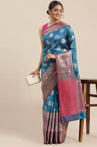 Blue woven art silk saree with blouse