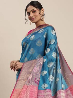 Blue woven art silk saree with blouse 1