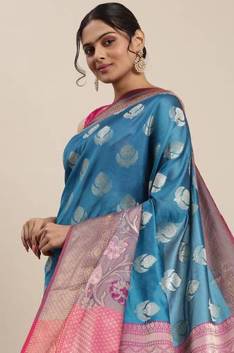 Blue woven art silk saree with blouse