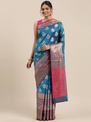 Blue woven art silk saree with blouse 4