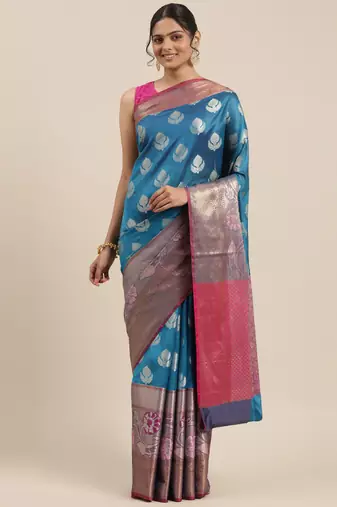 Blue woven art silk saree with blouse