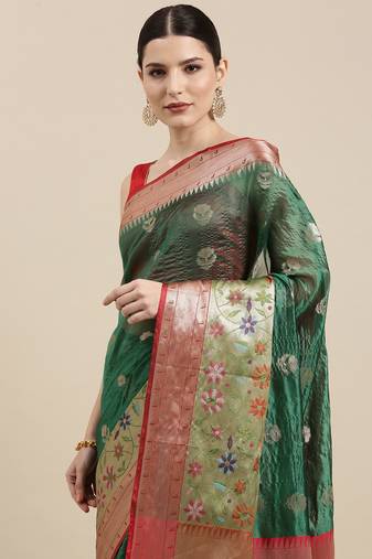 Green woven art silk saree with blouse