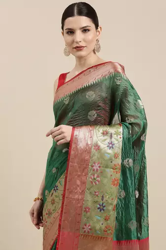 Green woven art silk saree with blouse