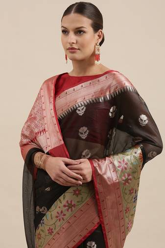 Black woven art silk saree with blouse