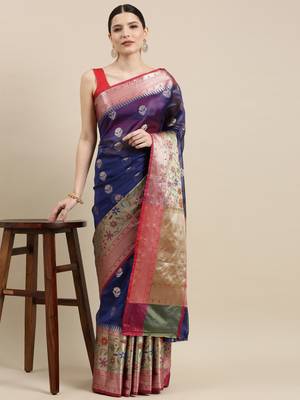 Blue woven art silk saree with blouse 2