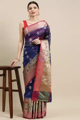 Blue woven art silk saree with blouse