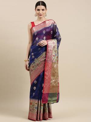 Blue woven art silk saree with blouse 3