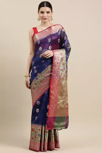 Blue woven art silk saree with blouse