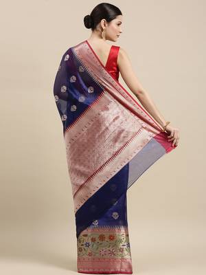 Blue woven art silk saree with blouse 4