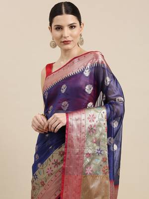 Blue woven art silk saree with blouse 1