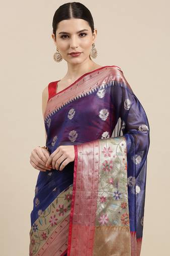 Blue woven art silk saree with blouse