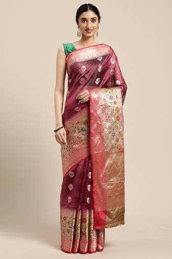 Magenta woven art silk saree with blouse