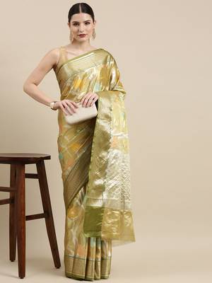 Yellow woven tissue saree with blouse 3