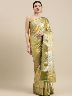 Yellow woven tissue saree with blouse 4