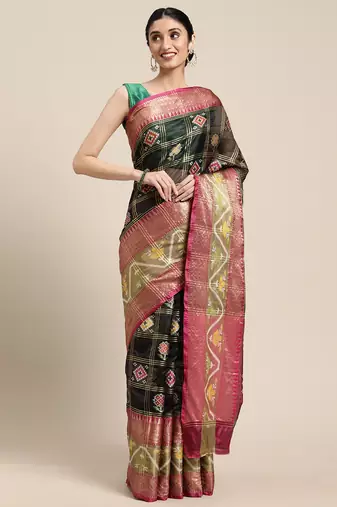 Black woven art silk saree with blouse