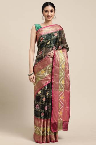 Black woven art silk saree with blouse