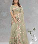 Pista resham coding multi sequence embroidery net saree with blouse