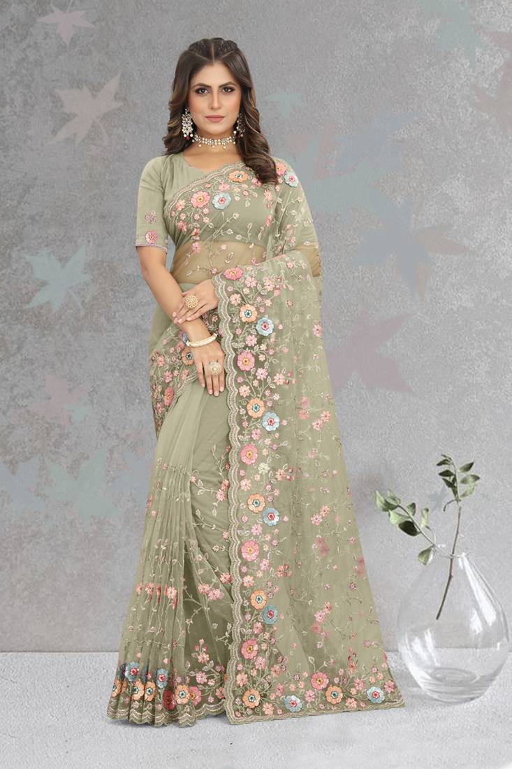 Pista resham coding multi sequence embroidery net saree with blouse