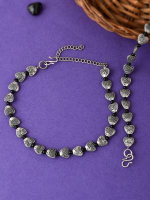 Silver plated fish charm beaded oxidised anklet 1