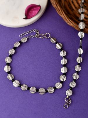Silver plated black beaded oxidised chain anklet 1