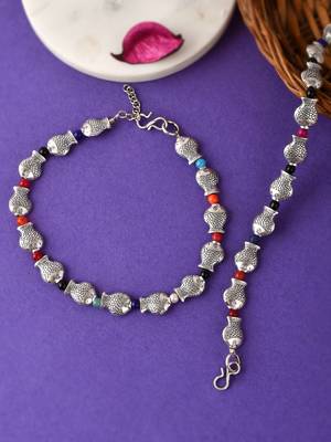 Silver plated fish charm beaded oxidised anklet 1