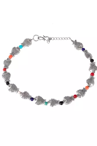 Silver plated fish charm beaded oxidised anklet