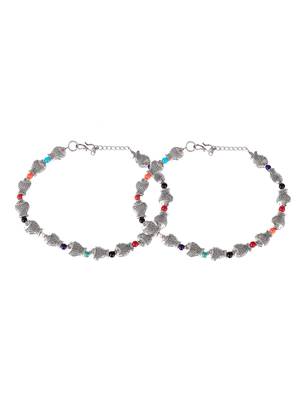 Silver plated fish charm beaded oxidised anklet 3