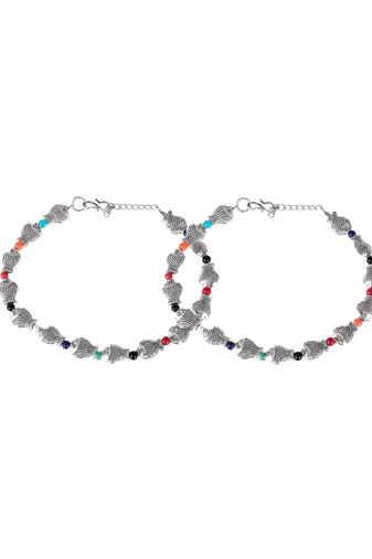 Silver plated fish charm beaded oxidised anklet
