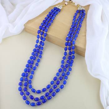 3 Layered Traditional Dulha Blue Moti Mala with Beaded Maharaja Haar/Groom Necklace 1